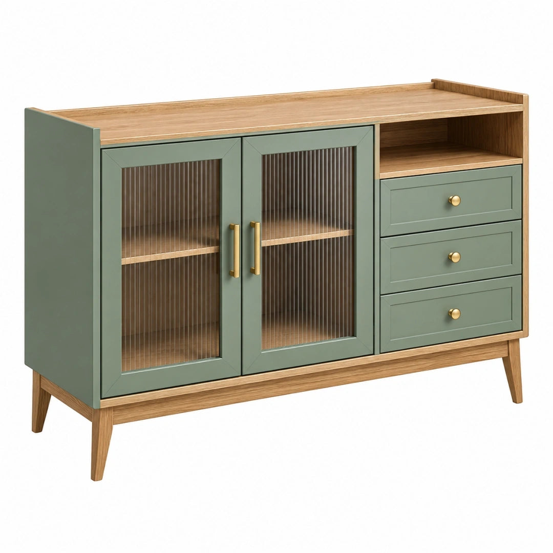 Aparador 120 x 40 x 85 cm de madera verde y natural con vidrio acanalado y almacenaje