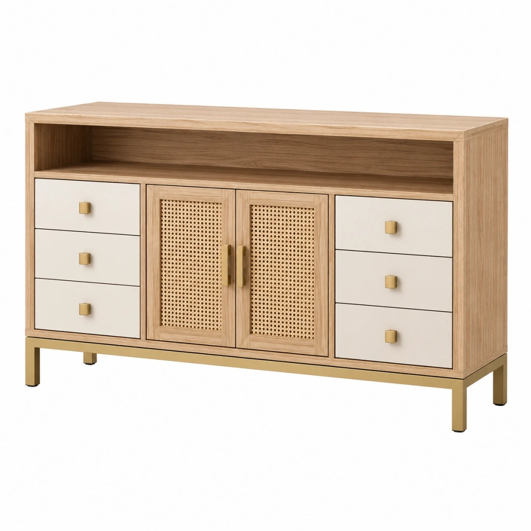 Aparador 160 x 40 x 90 cm de madera natural y blanco con rejilla de ratán para salón
