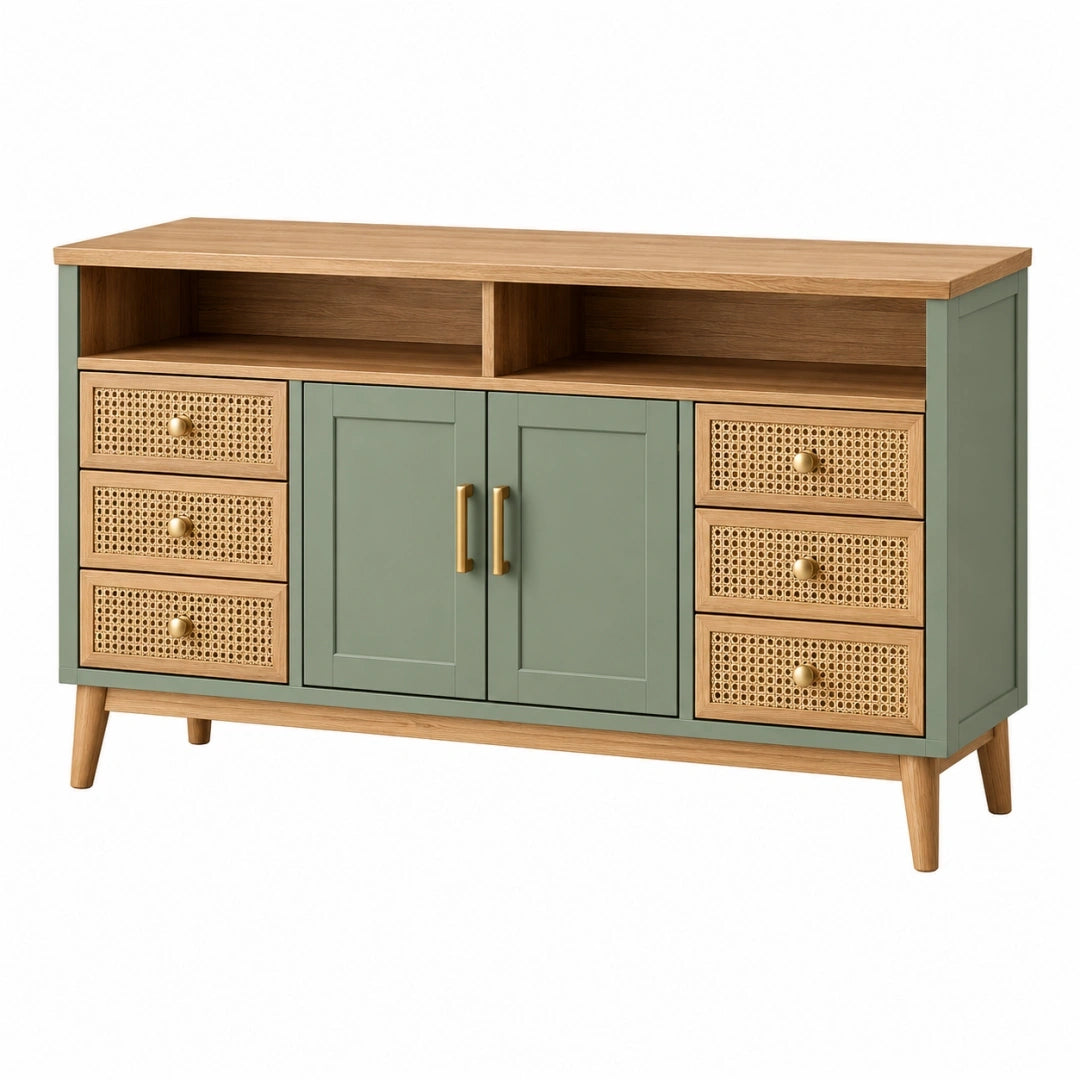 Aparador 140 x 40 x 85 cm de madera verde y natural con ratán - almacenaje de estilo nórdico