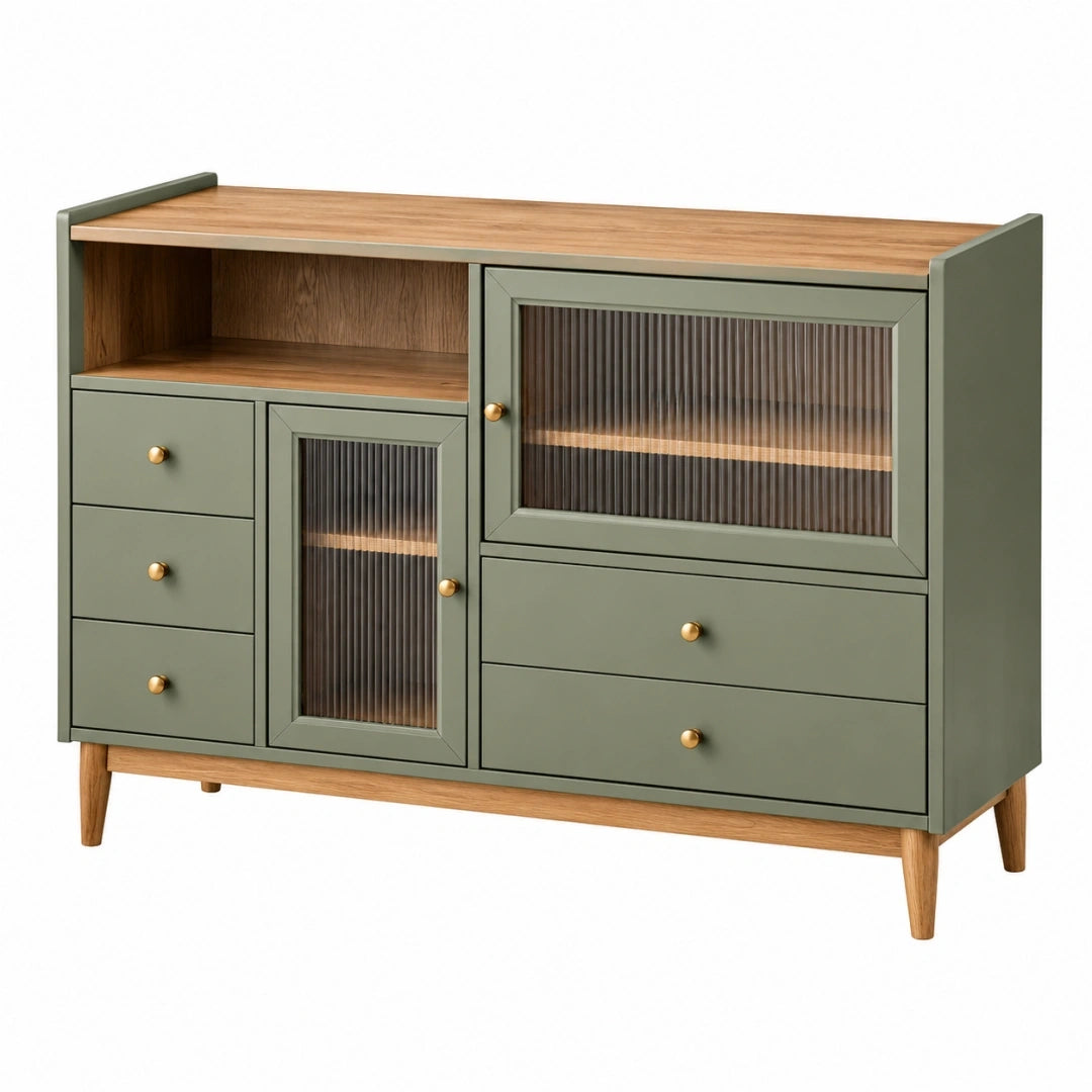 Aparador 140 x 40 x 95 cm de madera verde con vidrio acanalado y cajones estilo retro