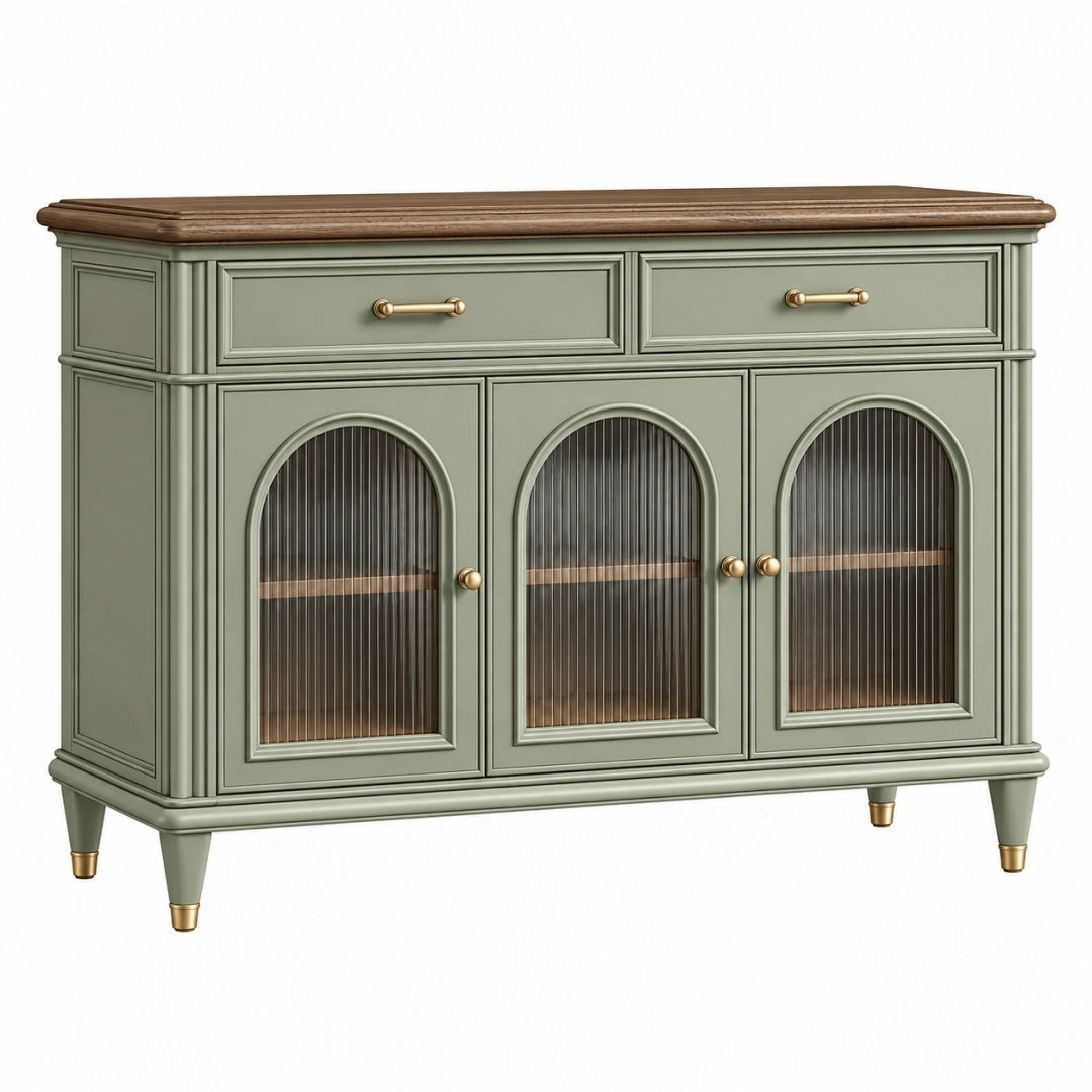 Aparador 120 x 40 x 90 cm de madera verde con puertas de vidrio acanalado estilo clásico