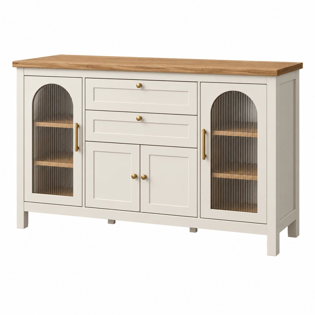 Aparador 160 x 40 x 90 cm de madera beige y roble con puertas de vidrio acanalado