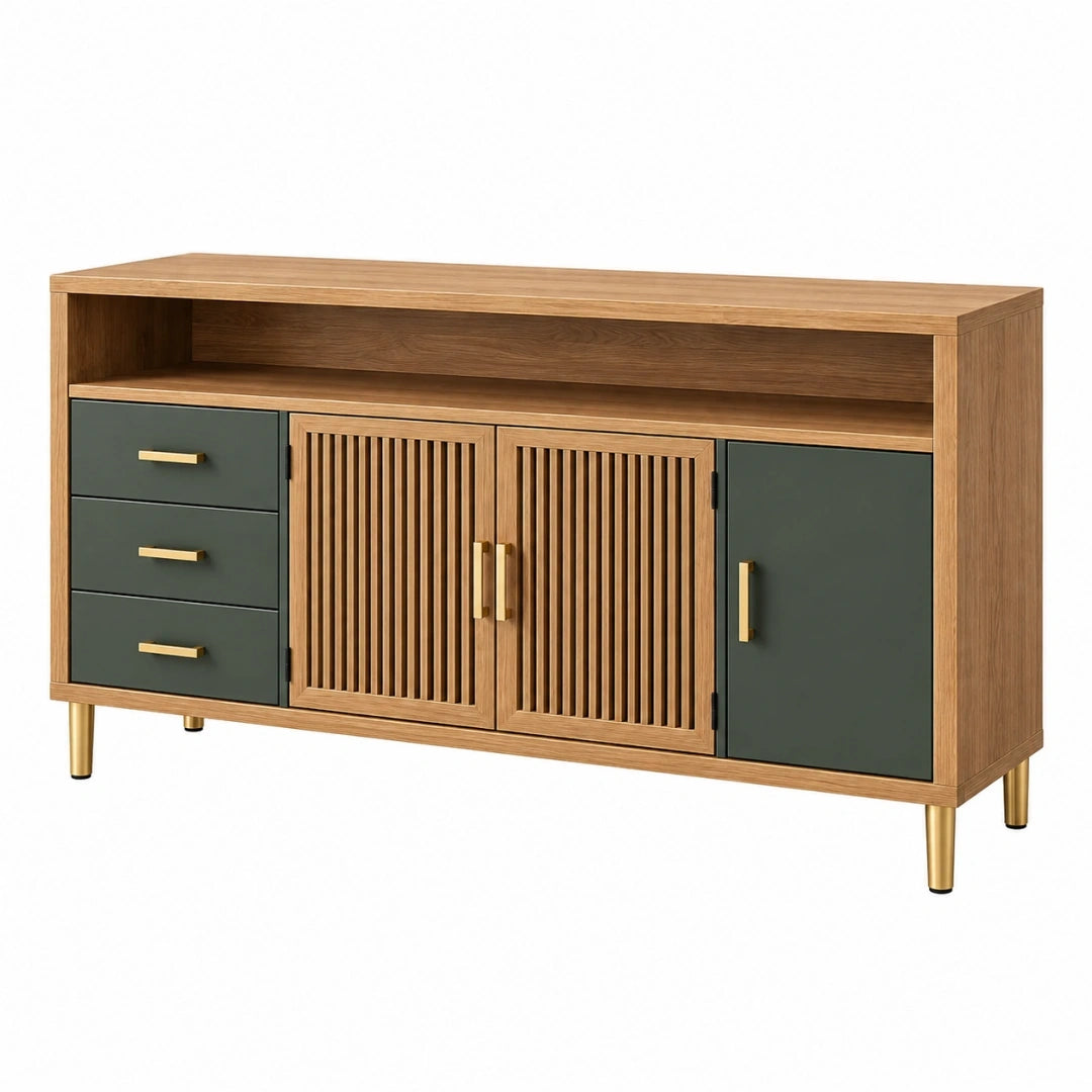 Aparador 160 x 40 x 85 cm de madera nogal y verde oscuro con almacenaje estilo moderno