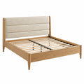 Cama doble 160 x 200 cm de madera color roble con cabecero tapizado estilo nórdico