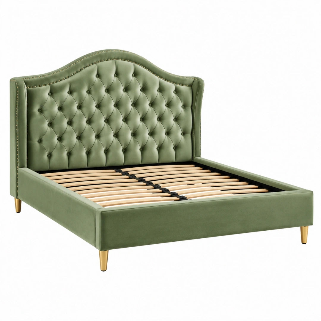 Cama tapizada 160 x 200 cm de terciopelo verde con cabecero capitoné
