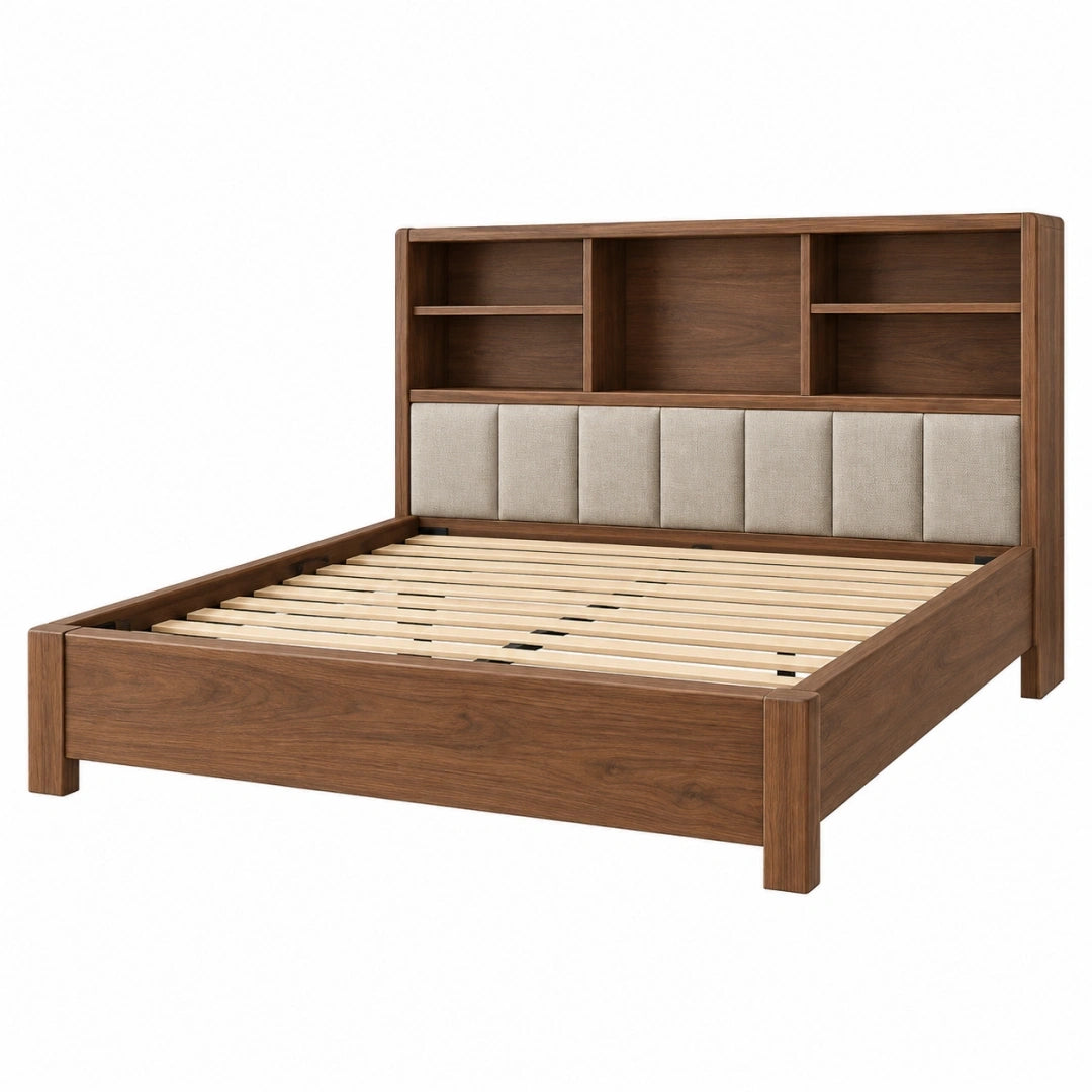 Cama de matrimonio 160 x 200 cm de madera nogal con cabecero tapizado y estantes