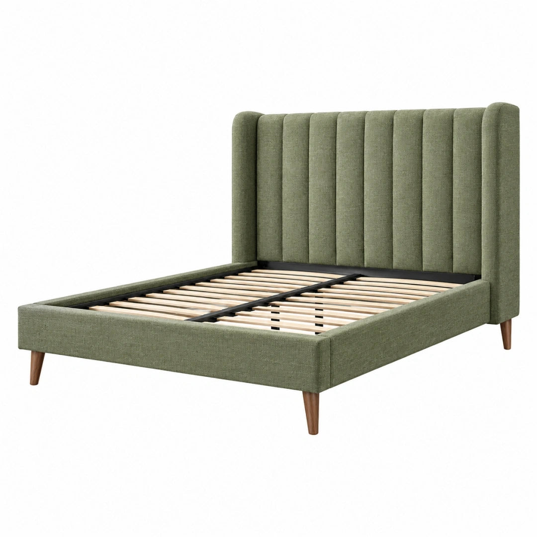 Cama doble 160 x 200 cm tapizada verde con cabecero acanalado y somier de láminas