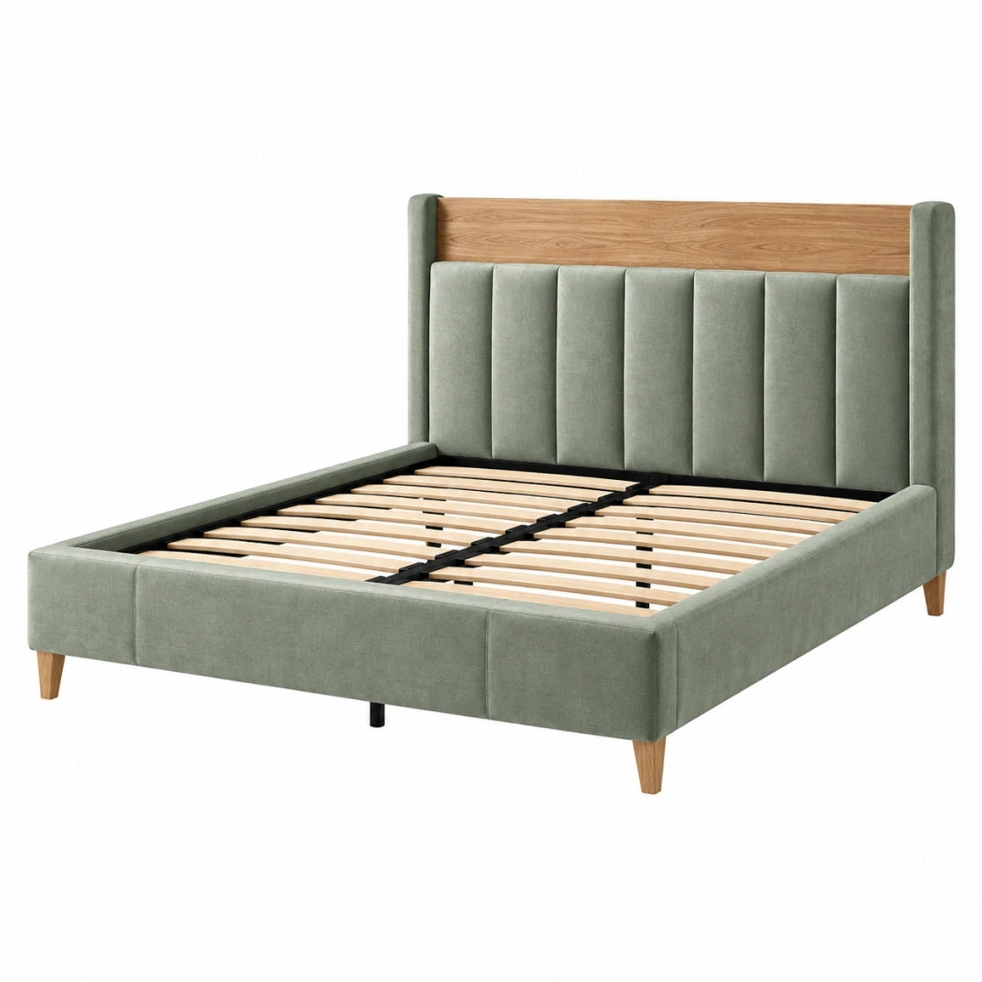 Cama tapizada 160 x 200 cm verde y madera con somier de láminas estilo moderno