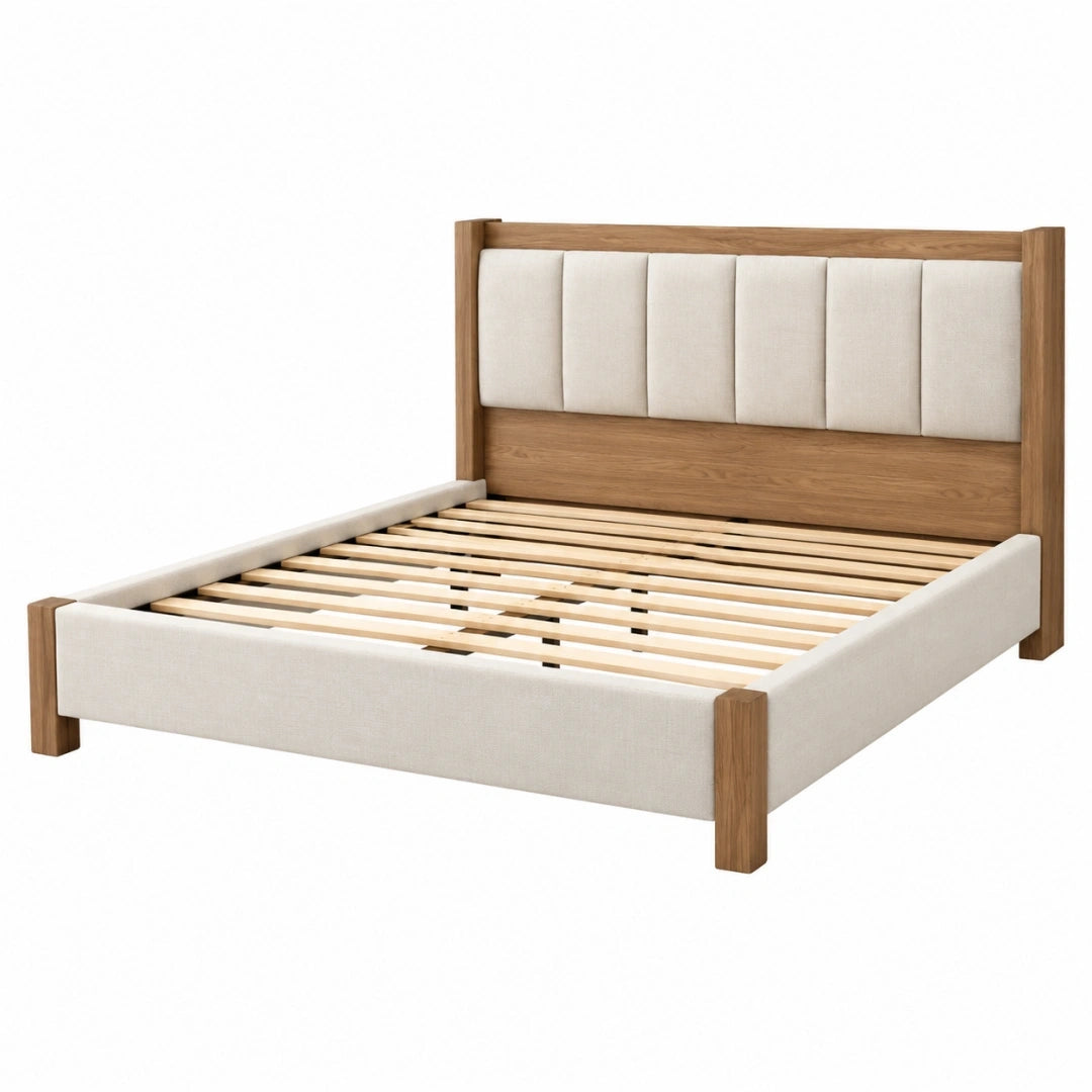 Cama 160 x 200 cm de madera y tapizado beige con somier de lamas - estilo contemporáneo