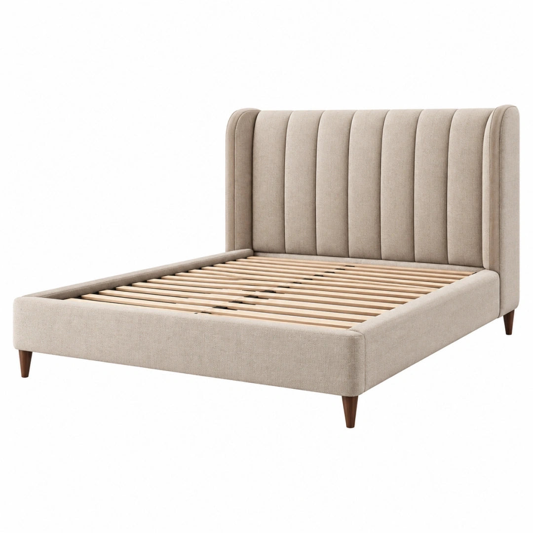 Cama tapizada 160 x 200 cm beige de tela con somier de láminas estilo moderno