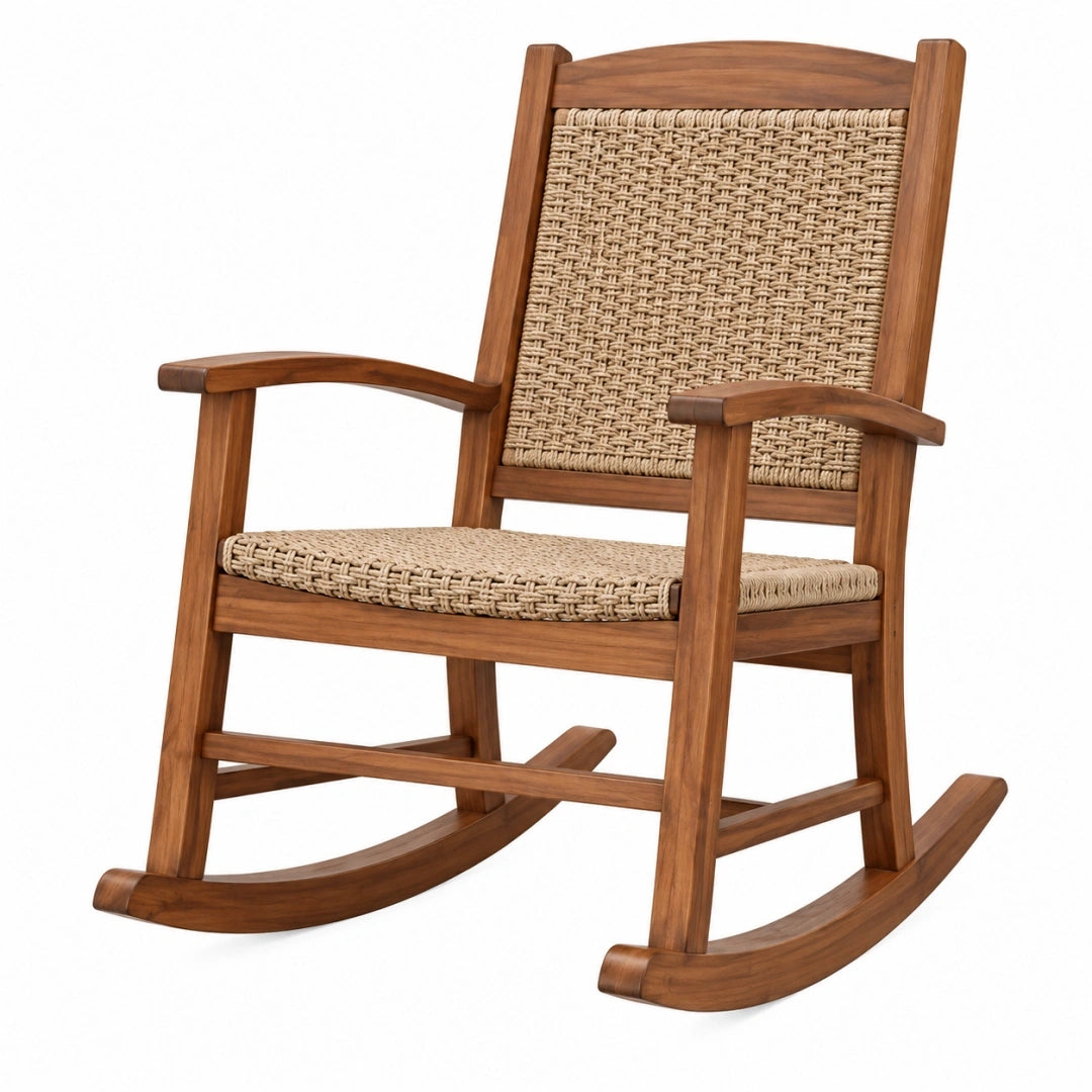 Silla mecedora 65 x 95 x 105 cm de madera marrón con asiento trenzado estilo rústico para interior
