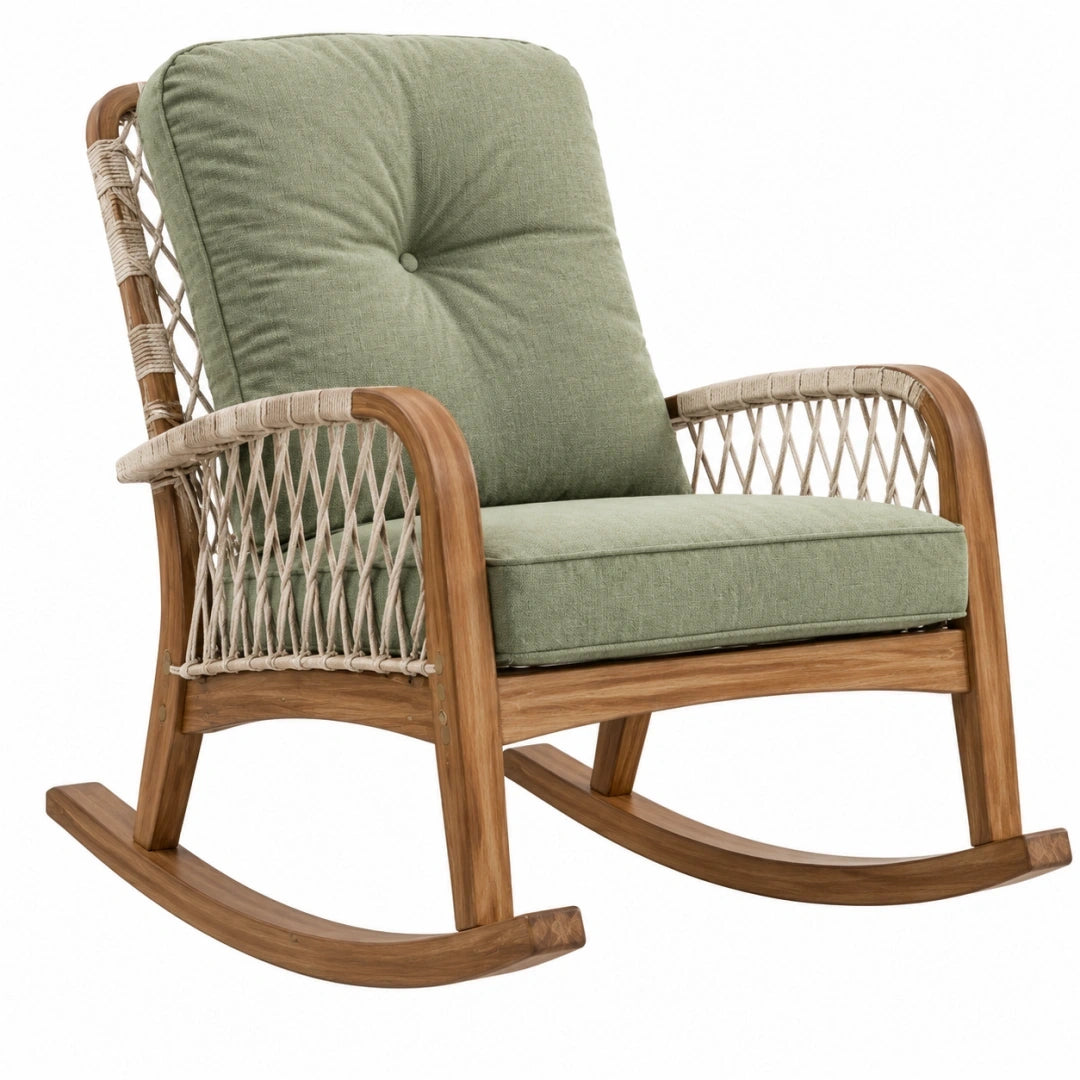 Mecedora 98 x 70 x 95 cm de madera con cuerda y cojines verdes estilo natural