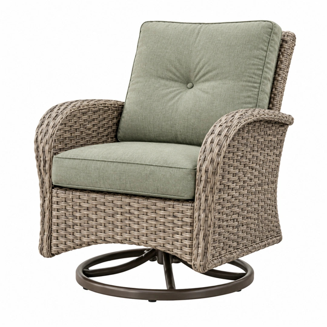 Sillón giratorio 79 x 85 x 101 cm de fibra trenzada beige y tapizado verde para exterior