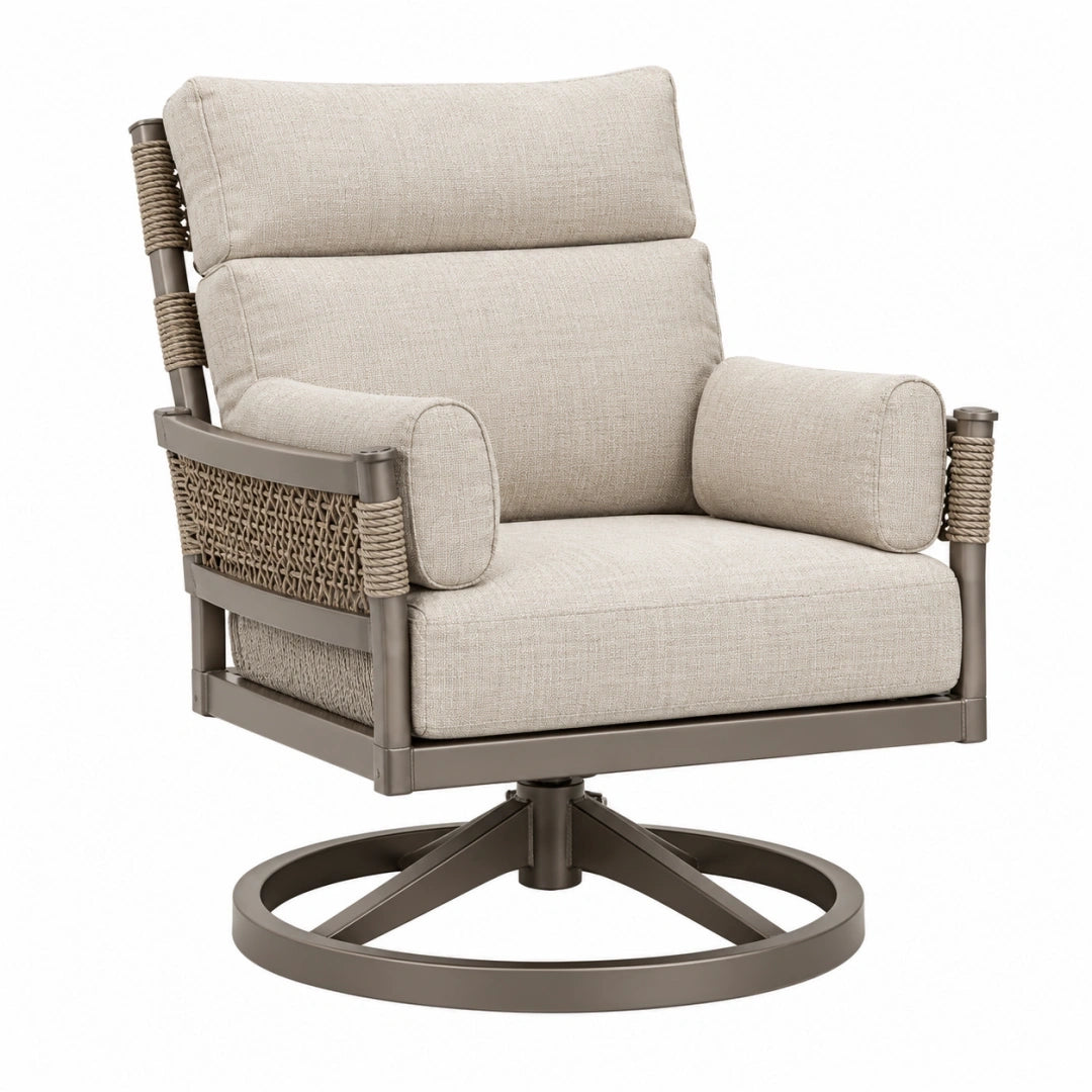 Sillón giratorio de exterior 83 x 80 x 94 cm de metal y cuerda beige estilo contemporáneo