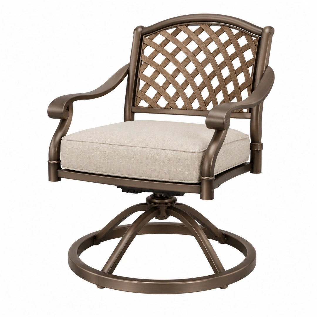 Sillón giratorio de exterior 70 x 65 x 95 cm de metal marrón con cojín beige y respaldo trenzado