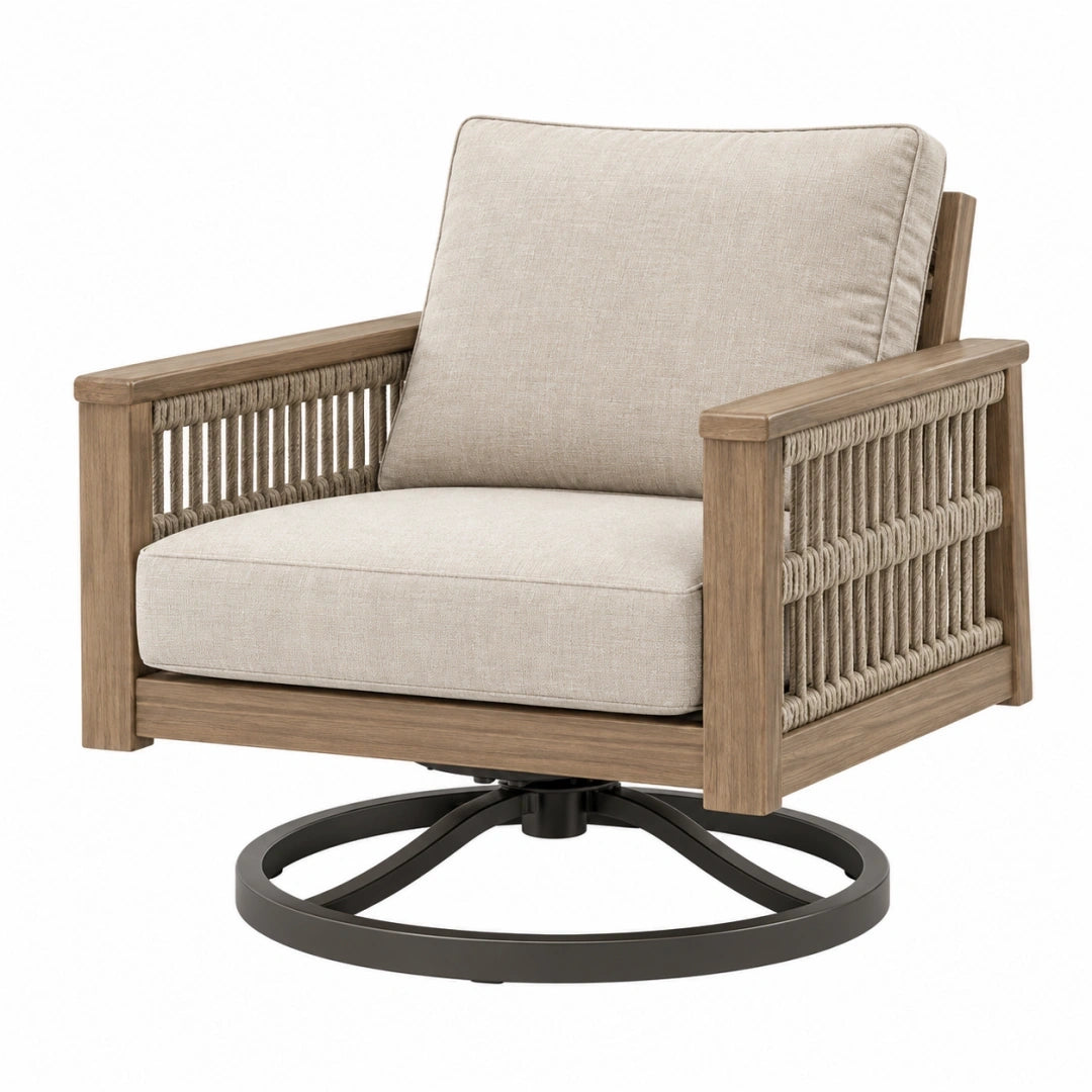 Sillón giratorio 86 x 86 x 88 cm de madera marrón y cuerda beige para exterior
