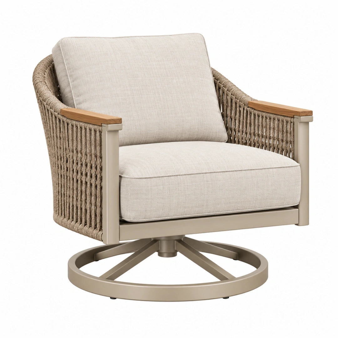Sillón giratorio 82 x 86 x 91 cm de cuerda beige para exterior con estructura metálica