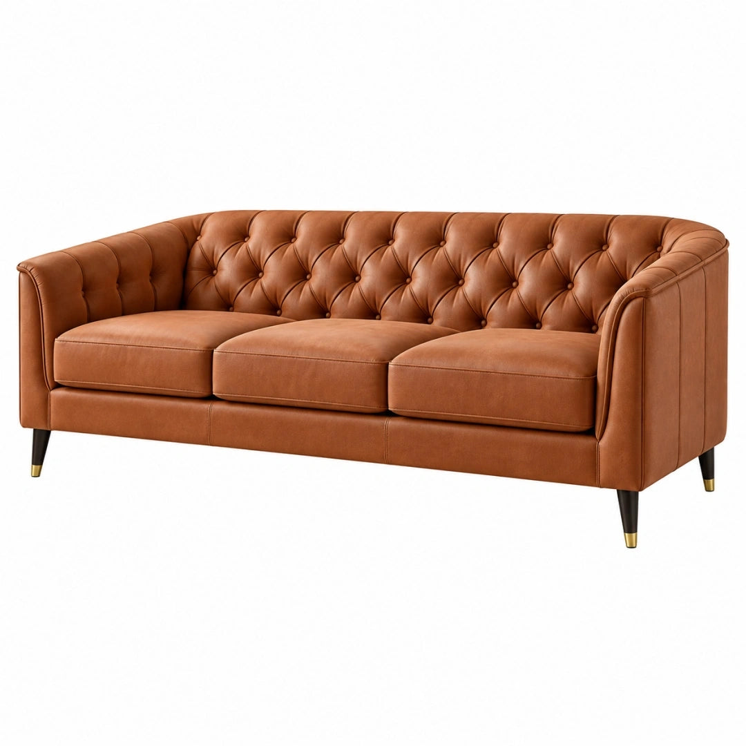 Sofá de tres plazas 210 x 85 x 75 cm tapizado efecto piel marrón estilo capitoné