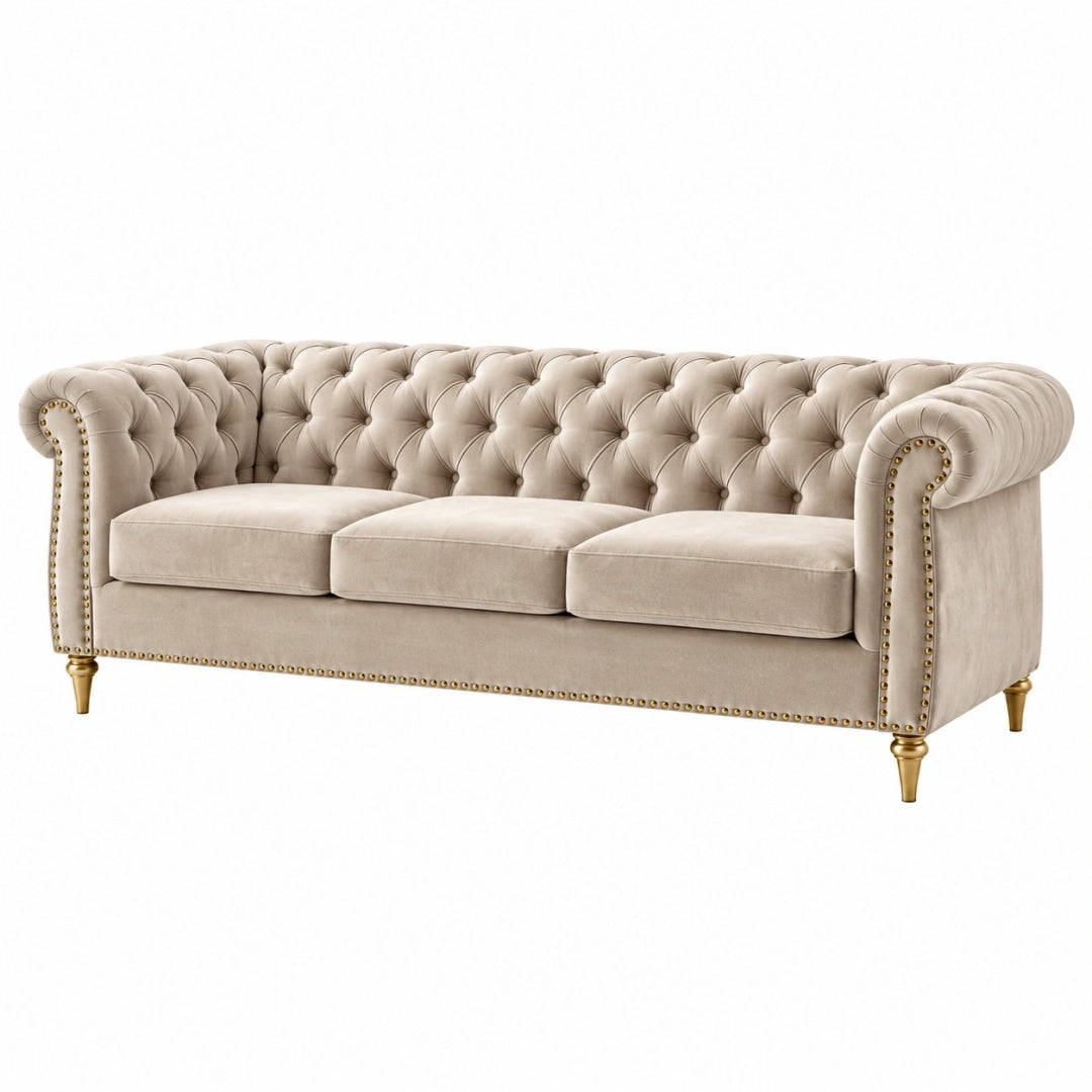 Sofá de tres plazas 220 cm tapizado textil beige estilo Chesterfield para salón