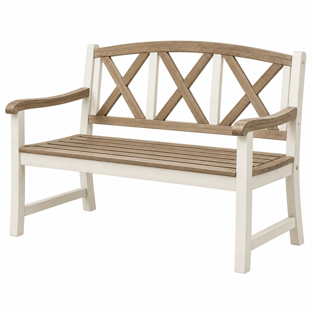 Banco de jardín 120 x 60 x 90 cm de madera blanco y marrón con respaldo de cruces