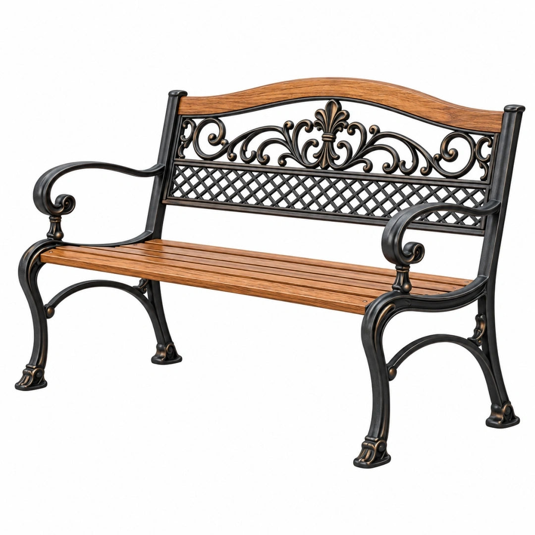 Banco de jardín 125 x 60 x 90 cm de metal y madera marrón negro clásico para exterior