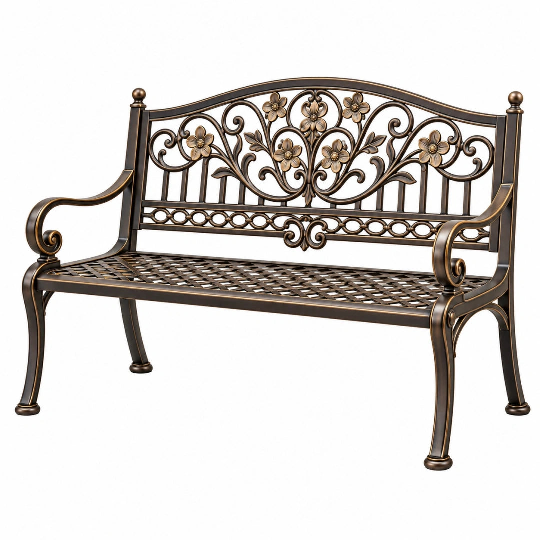 Banco de jardín 125 x 60 x 95 cm de metal bronce con respaldo floral clásico