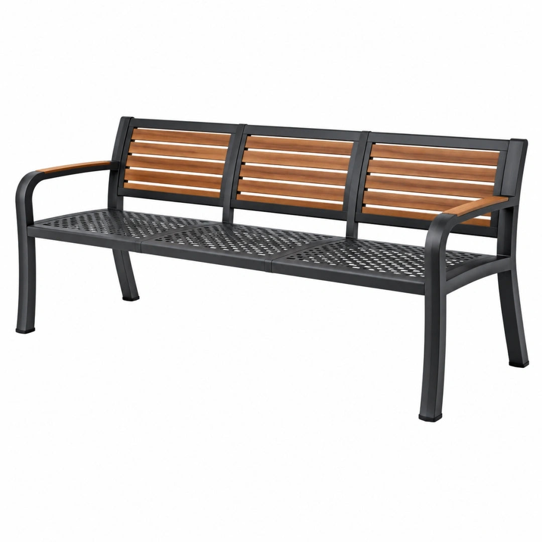 Banco de jardín 180 x 60 x 85 cm de metal y madera negro marrón para exterior de tres plazas