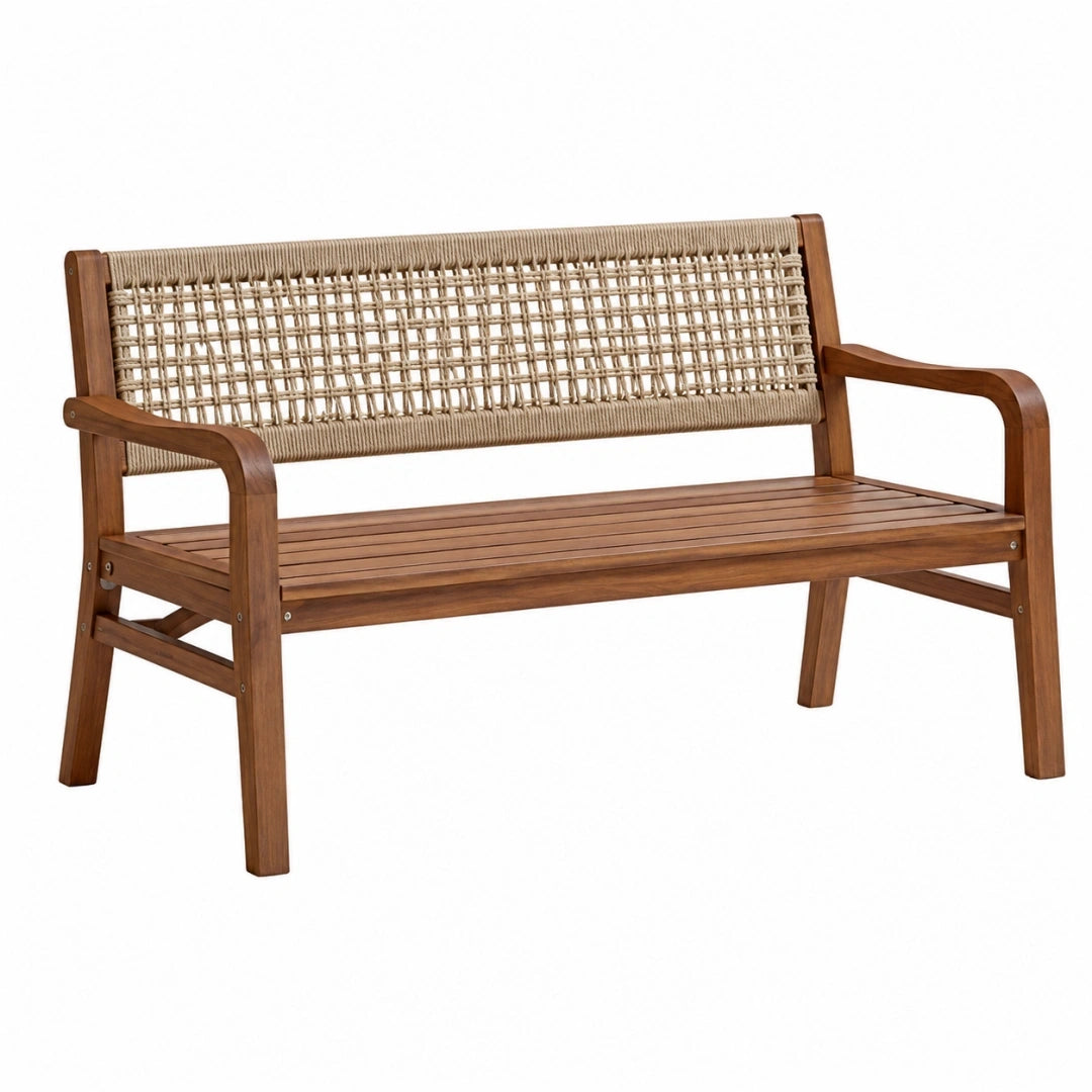 Banco de jardín 120 cm de madera marrón con respaldo de cuerda estilo natural